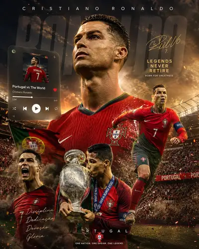 Fondo de pantalla de leyenda del fútbol con superposición de reproductor de música glassmorphism