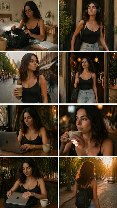 Eight frame cinematic morning coffee shop story collage