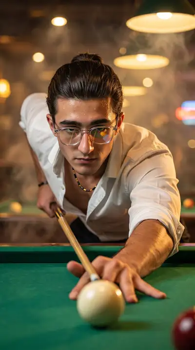 Cinematic billiards portrait with exact face reference