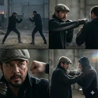 Cinematic 2x2 live-action fight scene grid template