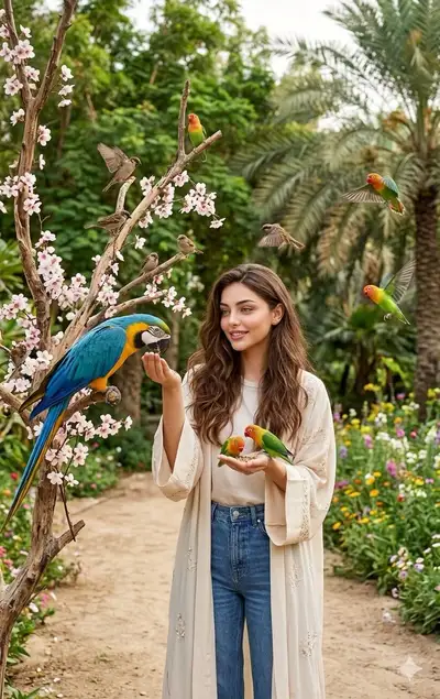 Retrato de mujer alimentando aves de colores en un jardín florido