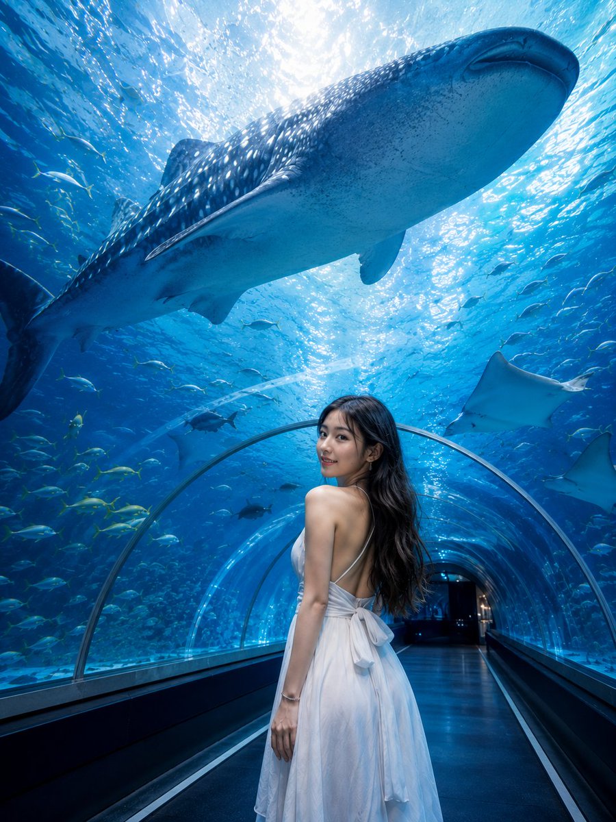 Underwater aquarium tunnel portrait with a whale shark overhead