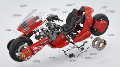 Vue technique éclatée de la moto de Kaneda dans Akira
