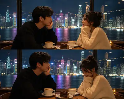 Retrato em um café à noite de um casal junto ao horizonte da cidade