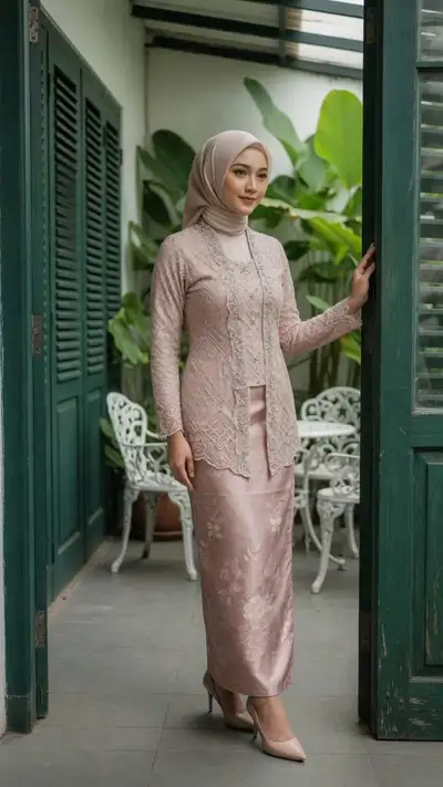 Elegantes Kebaya-Porträt einer Frau, die in einem Türrahmen steht