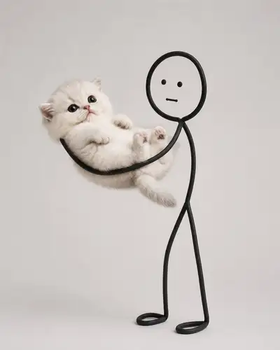 Cute Fluffy Cat with Doodle Stick Figure