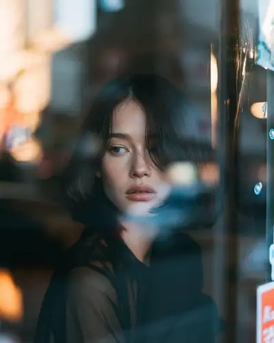 Rainy cafe window reflection portrait at golden hour