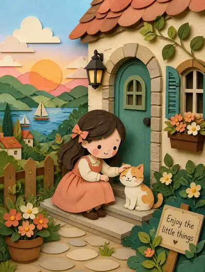 Handcrafted paper-cut layered illustration style transform prompt
