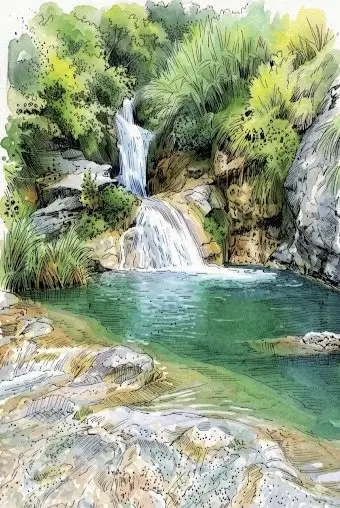 Hidden Tropical Oasis Waterfall Watercolor