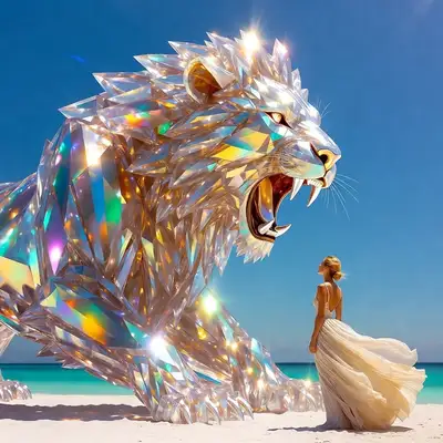 Prompt de scène de plage avec lion de cristal et femme scintillante