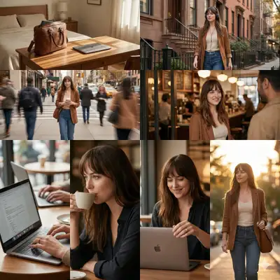 8-panel cinematic day-in-the-life collage of a woman's cafe routine