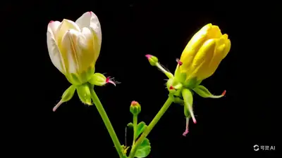 Two Flowers Blooming on Black Background