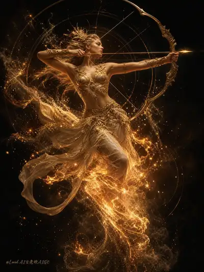Mythic female archer with fire and gold chiffon lower body