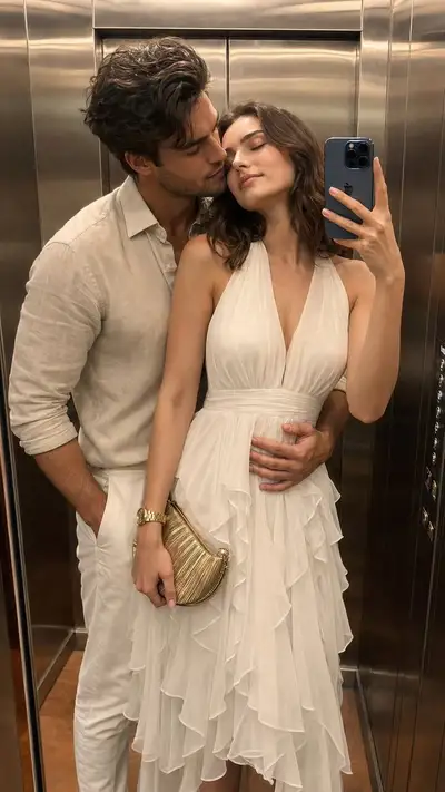 Prompt photoréaliste de selfie dans le miroir d'ascenseur pour couple