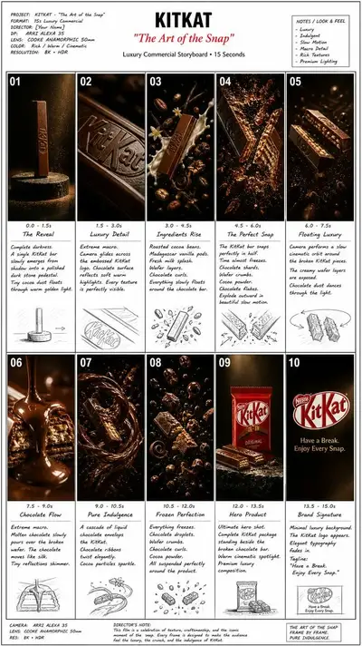 Luxury chocolate bar commercial storyboard, 10 scenes