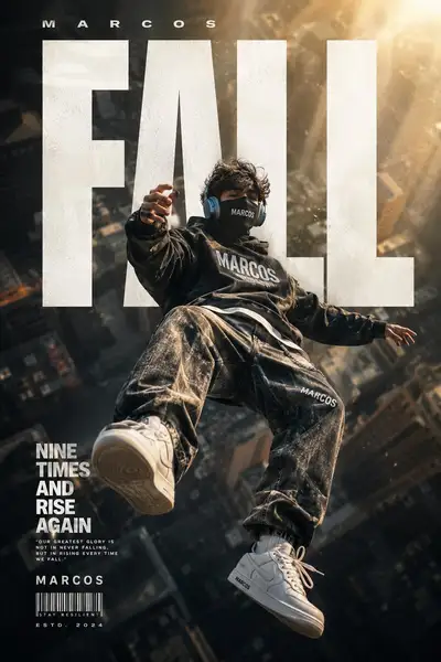 Modelo de pôster cinematográfico de figura mascarada flutuante em streetwear
