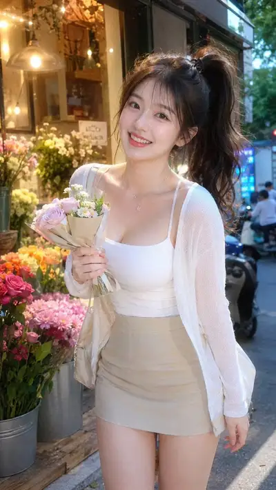 Summer CCD-style street photo outside a flower shop