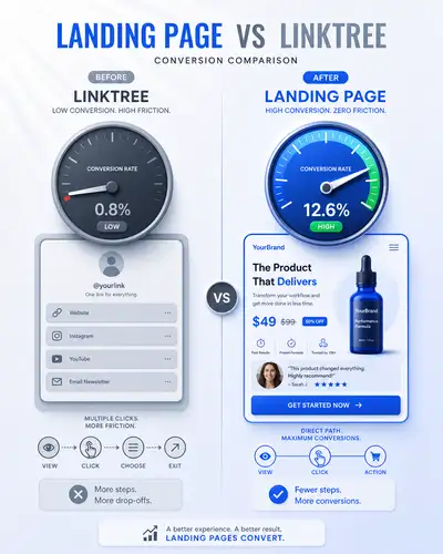 ランディングページと linktree のコンバージョン比較インフォグラフィック