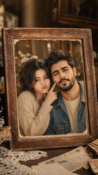 Nostalgic Couple Portrait in Rustic Frame