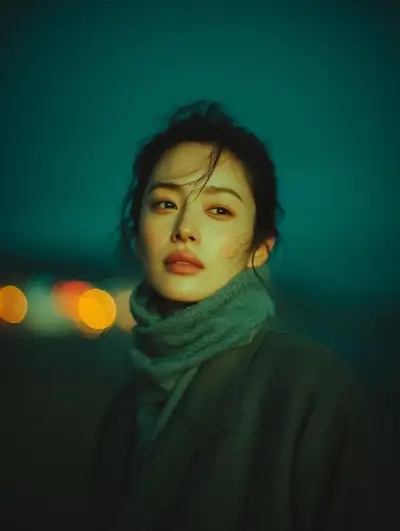 Cinematic night portrait of a woman in a wool coat