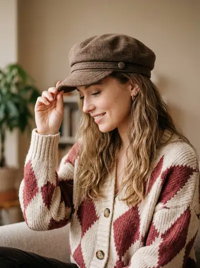 Cozy portrait with wool baker boy cap and knit cardigan