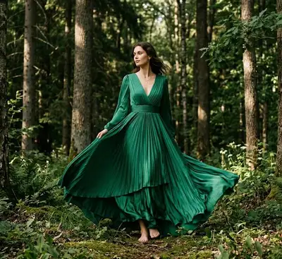 High-fashion model in emerald silk gown in forest