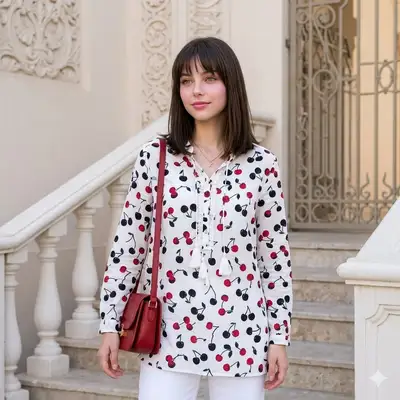 Retrato de moda con túnica de estampado de cerezas
