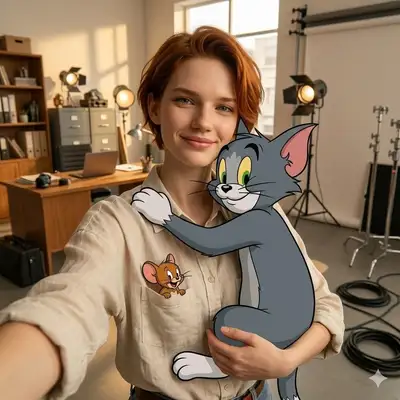 POV selfie hugging Tom from Tom and Jerry
