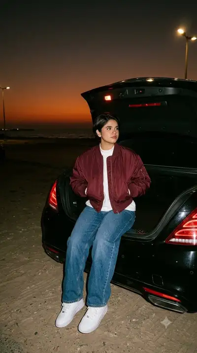 Portrait au coucher du soleil sur le coffre d'une Mercedes : prompt photo de voiture à la plage