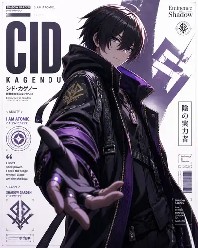 Luxury anime editorial poster inspired by Eminence in Shadow