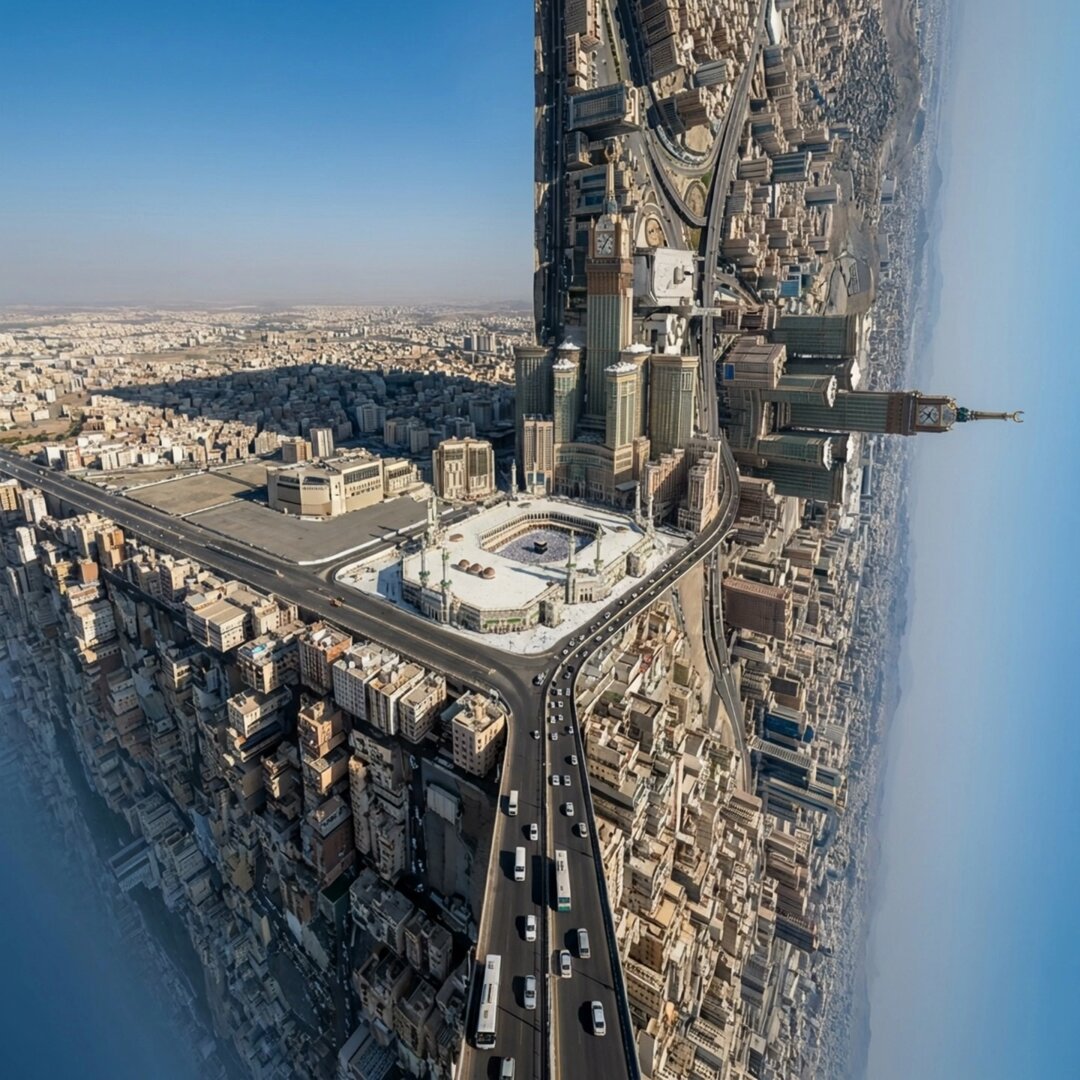 Reality Warping Artist folding city video prompt (Mecca)
