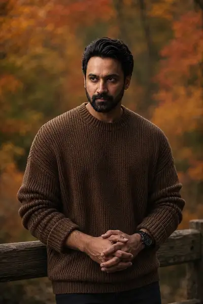 Portrait en forêt d'automne d'un homme en pull en maille oversize