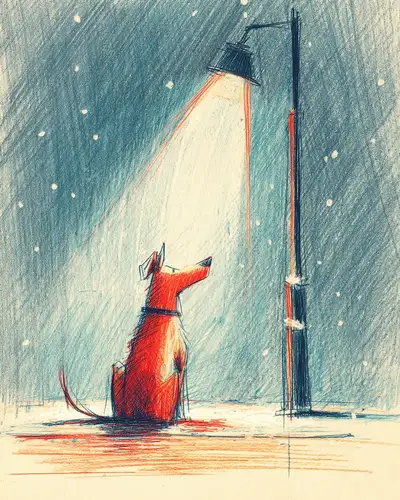 Loyal Dog Under Streetlamp in Snow