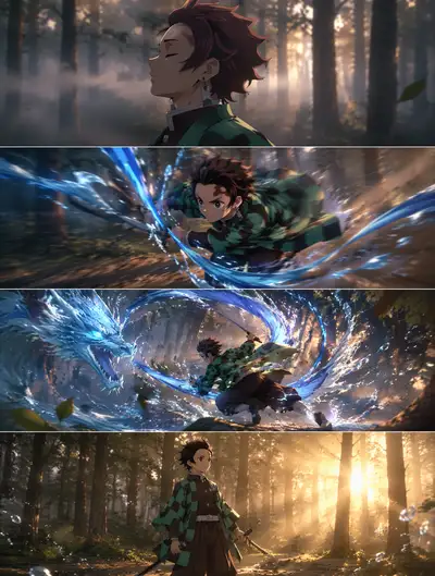 Anime swordsman unleashing water energy in a misty forest