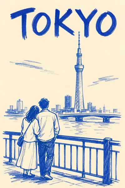 Tokio-Flussufer-Filzstift-Reiseposter-Prompt