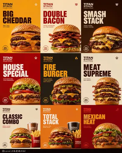Titan Stack Neun-Panel-Burger-Kampagnenposter