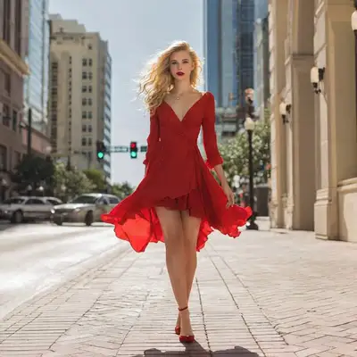 Glamorous Woman Walking in Red Dress