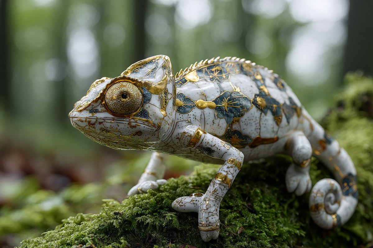 Kintsugi-Style Porcelain Animal in a Natural Habitat