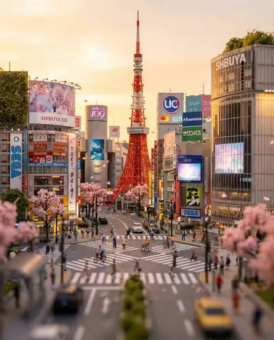 Tilt-Shift-Diorama von Tokyo Tower und der Shibuya-Kreuzung