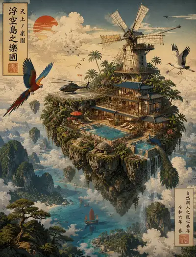 Surreal Ukiyo-e Ilha Flutuante Render 3D