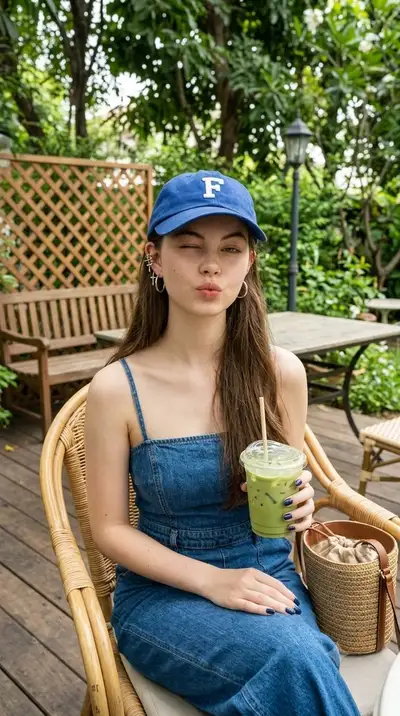 Medium Shot Photo of East Asian Woman in Garden Cafe