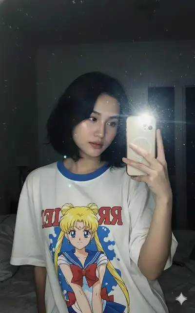 Edit 1990s Flash Photo of Woman in Sailor Moon Tee