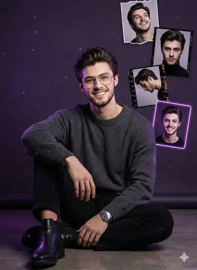 Neon birthday poster with floating photo frames