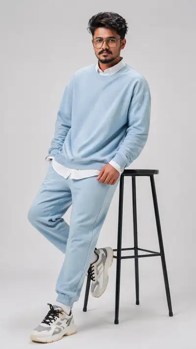 K-fashion studio portrait leaning on a barstool