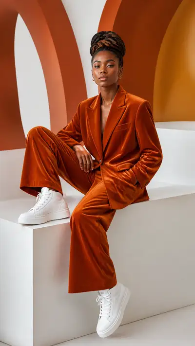 Selbstbewusstes Editorial-Porträt in einem brandorangefarbenen Samtblazer