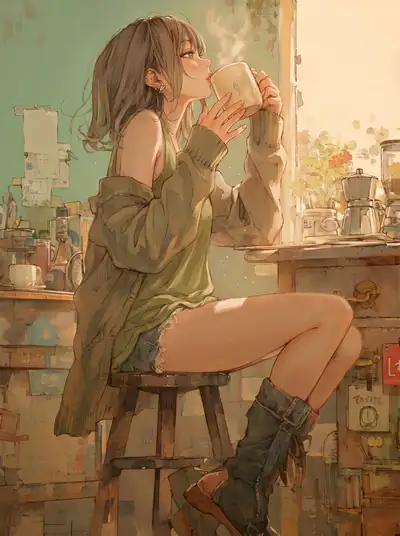 Golden morning coffee portrait, painterly style