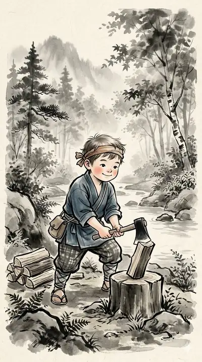 Japanese Ink Wash Children in Nature