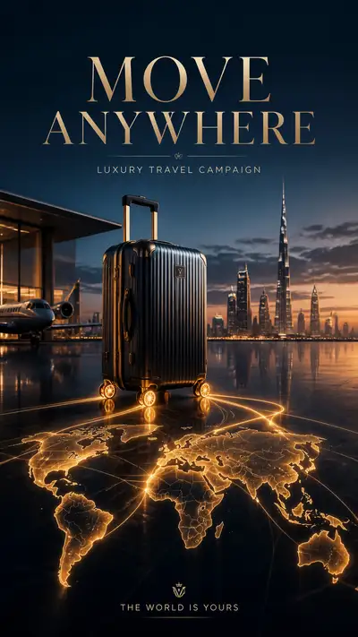 Luxury suitcase ad with glowing world map travel routes