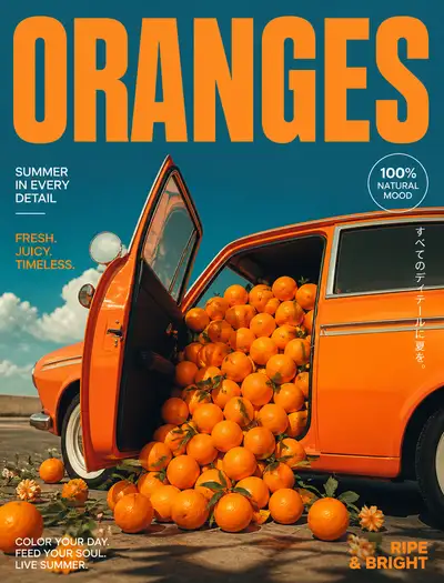 Vintage car door overflowing with oranges poster