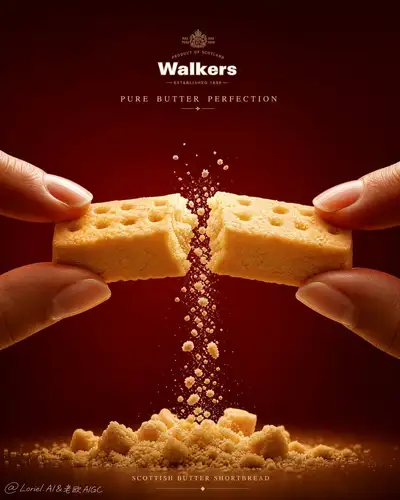 Pôster de luxo do momento em que se parte um biscoito amanteigado Danisa